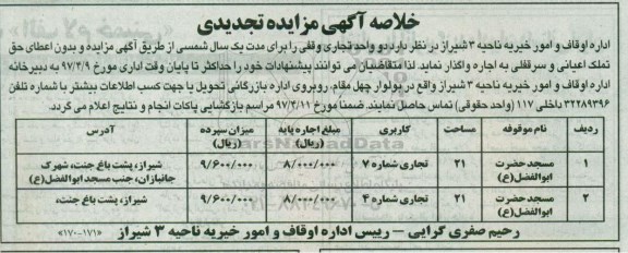 خلاصه مزایده دو واحد تجاری وقفی