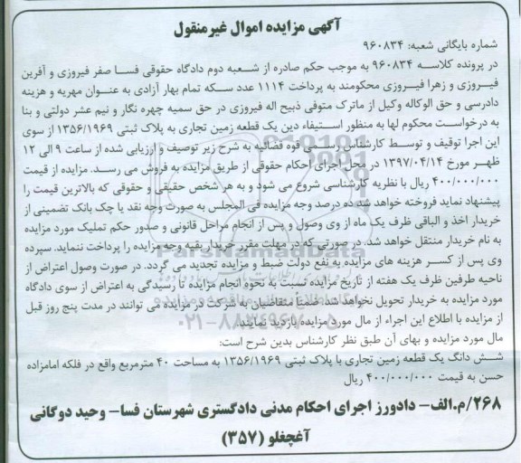 مزایده یک قطعه زمین تجاری مساحت 40 متر