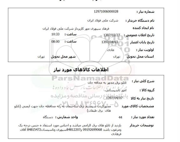 استعلام, استعلام تابلو برق مجهز به محافظ جان 