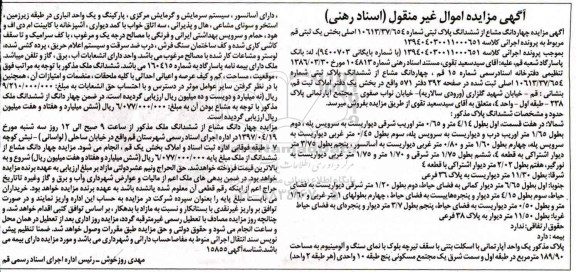 مزایده 4 دانگ مشاع از ششدانگ پلاک ثبتی مساحت 189.90متر 