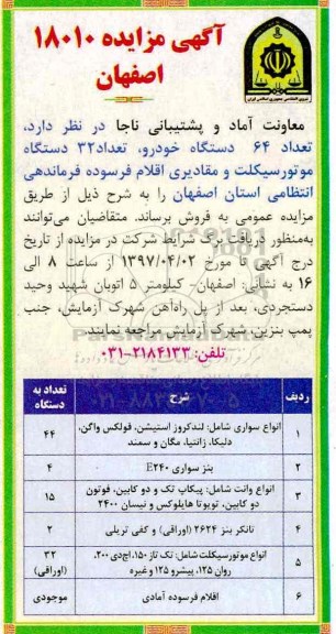 مزایده , مزایده تعداد 64 دستگاه خودرو، 32 دستگاه موتور سیکلت