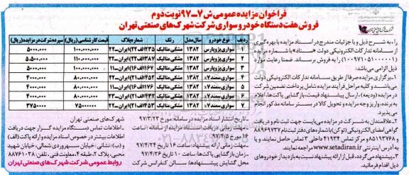 مزایده, مزایده فروش هفت دستگاه خودرو سواری نوبت دوم