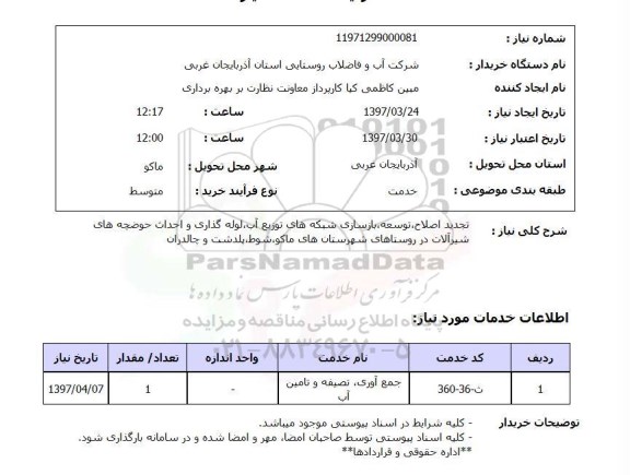 استعلام, تجدید اصلاح، توسعه، بازسازی شبکه های توزیع آب