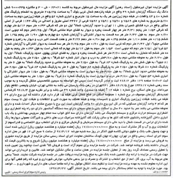 مزایده ششدانگ آپارتمان طبقه 15 شمال غربی مساحت 205.25متر