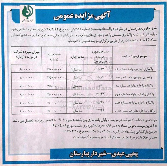 مزایده عمومی, مزایده عمومی واگذاری شش واحد تجاری های