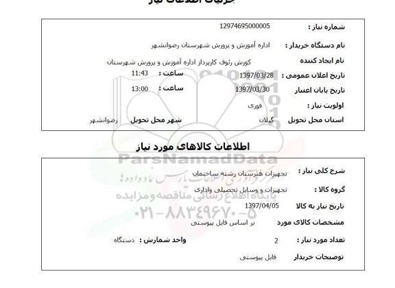استعلام , استعلام تجهیزات هنرستان رشته ساختمان