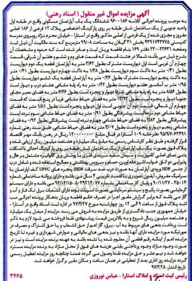 مزایده,مزایده ششدانگ آپارتمان طبقه اول مساحت 99.08متر