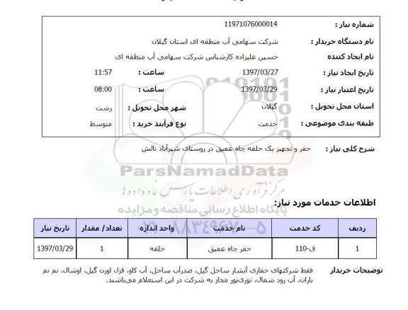 استعلام,استعلام حفر و تجهیز یک حلقه چاه عمیق