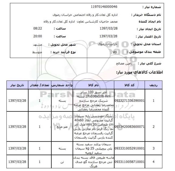 استعلام, تامین مصالح 