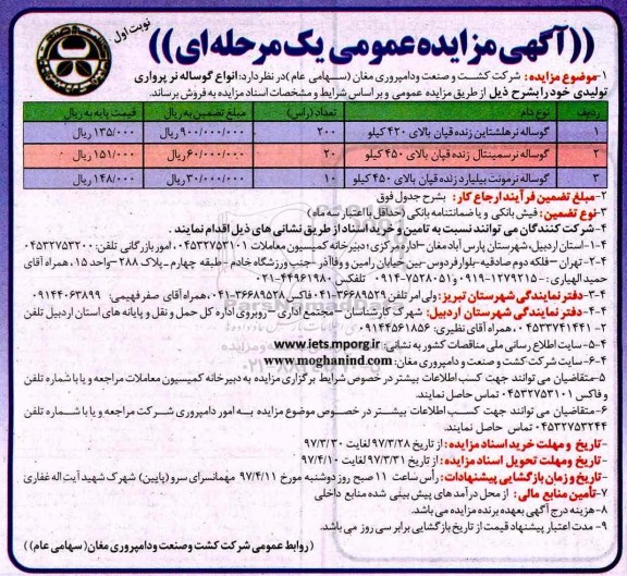 آگهی مزایده عمومی یک مرحله ای,مزایده انواع گوساله نر پرواری تولیدی