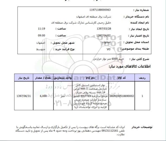 استعلام, خرید 6000 متر نوار حرارتی 