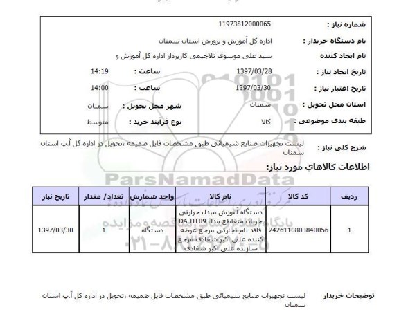 استعلام, لیست تجهیزات صنایع شیمیایی 