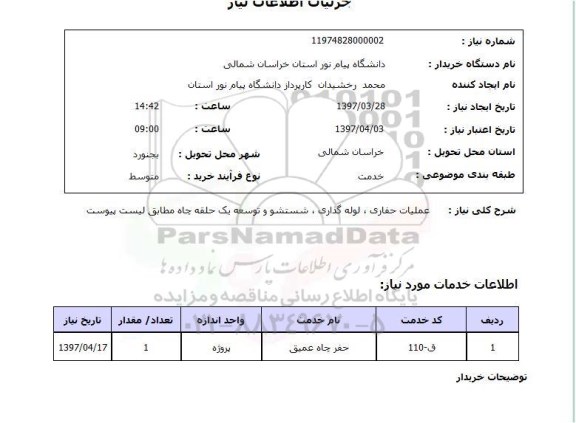 استعلام, استعلام عملیات حفاری، لوله گذاری و...