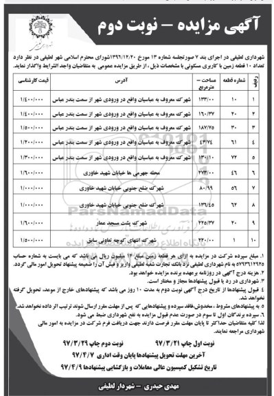 مزایده, مزایده واگذاری تعداد 10 قطعه زمین کاربری مسکونی نوبت دوم 