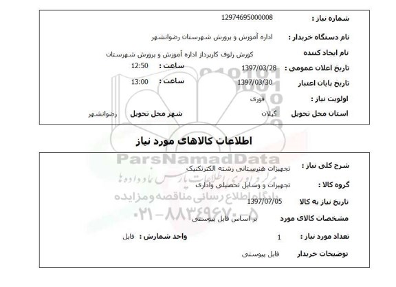 استعلام, تجهیزات هنرستانی رشته الکتروتکنیک 