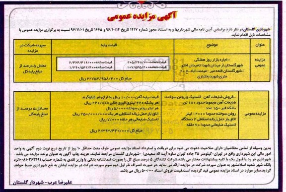 آگهی مزایده عمومی, مزایده اجاره بازار روز هفتگی و ...