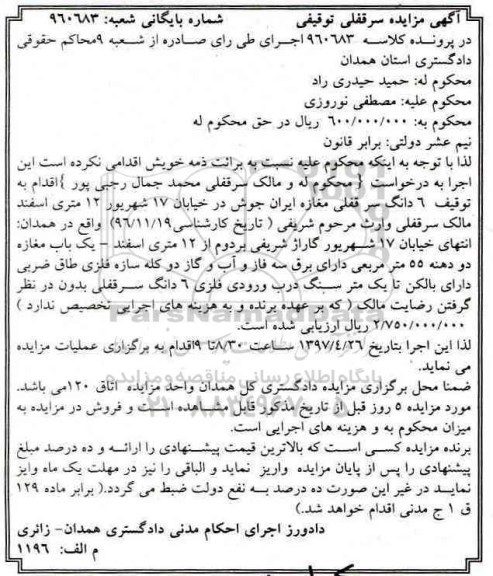 مزایده,مزایده ششدانگ سرقفلی مغازه دو دهنه 55 متر
