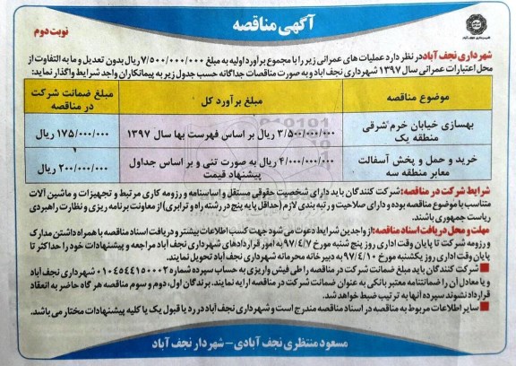 مناقصه, مناقصه بهسازی خیابان، خرید و حمل و پخش آسفالت معابر - نوبت دوم 