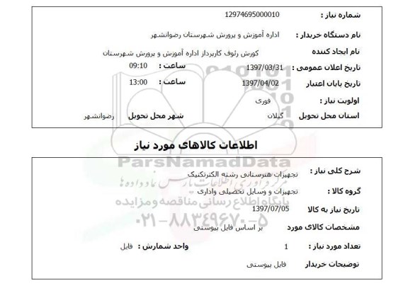 استعلام, تجهیزات هنرستانی رشته الکتروتکنیک 