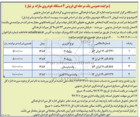 مزایده عمومی یک مرحله ای,مزایده فروش 4 دستگاه خودروی مازاد بر نیاز