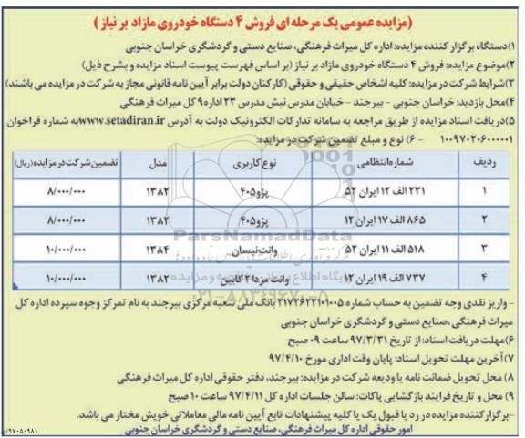 مزایده عمومی یک مرحله ای,مزایده فروش 4 دستگاه خودروی مازاد بر نیاز 