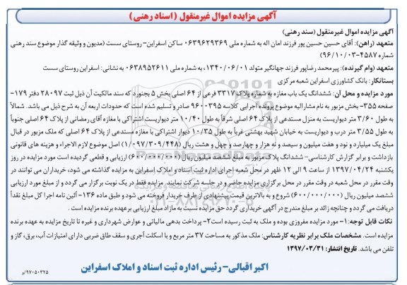 مزایده, مزایده ششدانگ مغازه مساحت سی و هفت متر 