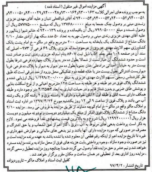 مزایده,مزایده 2.10 دانگ مشاع از ششدانگ یکباب خانه مساحت 200متر