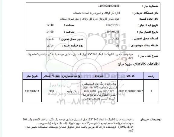 استعلام , استعلام درخواست خرید 90 برگ ورق استیل طلایی