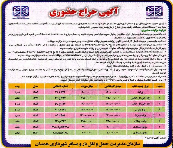 آگهی حراج حضوری, مزایده  فروش 8 دستگاه وسیله نقلیه