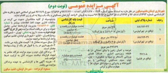 مزایده,مزایده فروش 2 واحد آپارتمان مسکونی و یکباب ویلا نوبت دوم