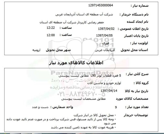 استعلام, 5 فقره قطعات لودر L90