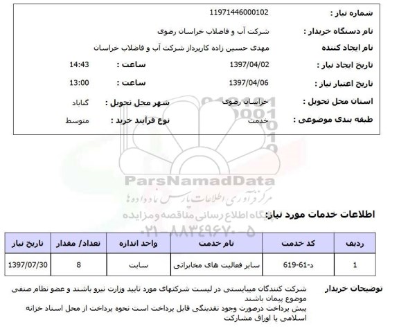 استعلام,استعلام سایر فعالیت های مخابراتی 