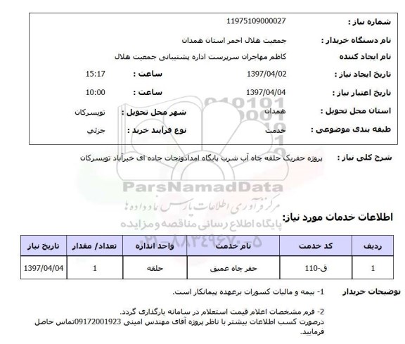 استعلام, استعلام پروژه حفر یک حلقه چاه آب شرب