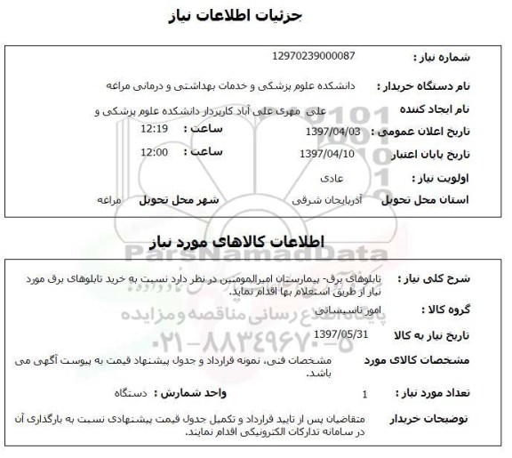 استعلام, استعلام  تابلوهای برق 