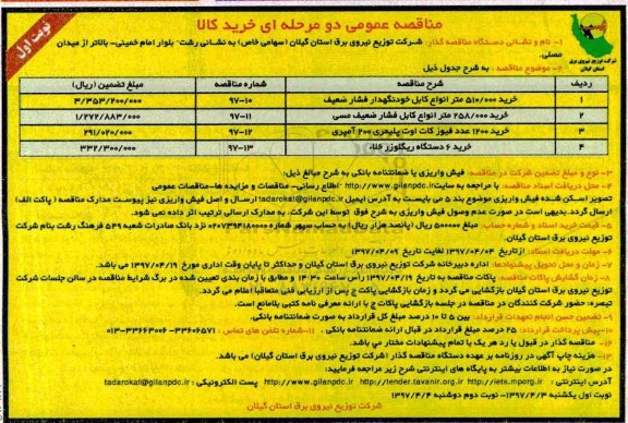 مناقصه عمومی, مناقصه عمومی خرید 510.000 متر انواع کابل خودنگهدار فشار ضعیف