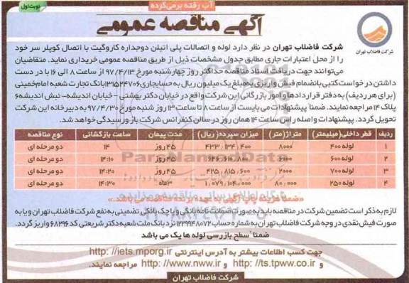 آگهی مناقصه عمومی , مناقصه  لوله و اتصالات دو جداره کاروگیت...