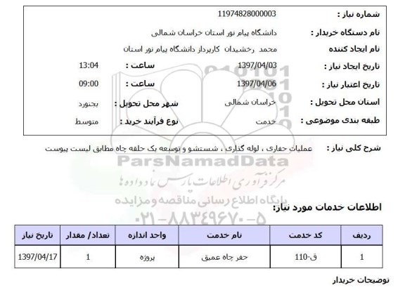 استعلام, استعلام عملیات حفاری، لوله گذاری و...