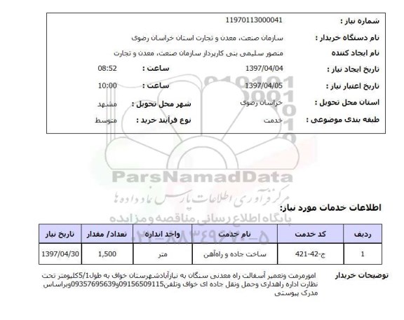 استعلام, امور مرمت و تعمیر آسفالت راه معدنی