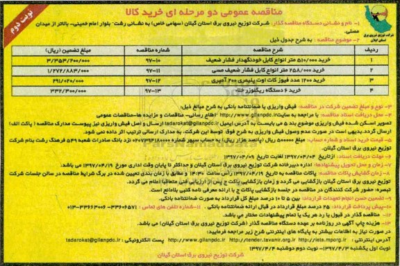 مناقصه عمومی, مناقصه عمومی خرید 510.000 متر انواع کابل خودنگهدار فشار ضعیف- نوبت دوم 
