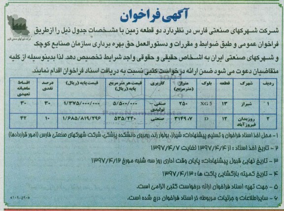 مزایده،مزایده تخصیص دو قطعه زمین مساحت 250 و 3149.7متر 