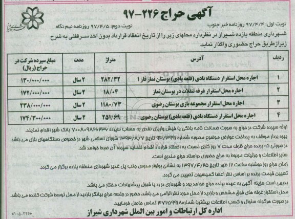 آگهی حراج, مزایده اجاره محل استقرار دستگاه بادی (قلعه بادی) و ...