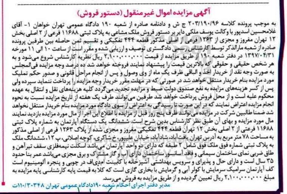 مزایده ,مزایده ششدانگ آپارتمان قطعه 444 تفکیکی