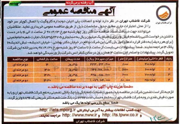 آگهی مناقصه عمومی , مناقصه  لوله و اتصالات دو جداره کاروگیت... نوبت دوم
