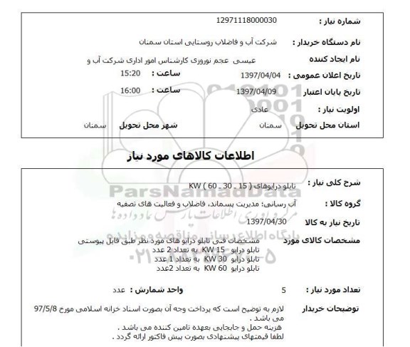 استعلام, استعلام تابلو درایوهای (15-30-60) kw 