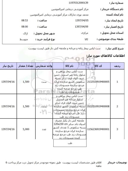 استعلام,استعلام ست لباس بیمار زنانه و مردانه و ملحفه کش دار