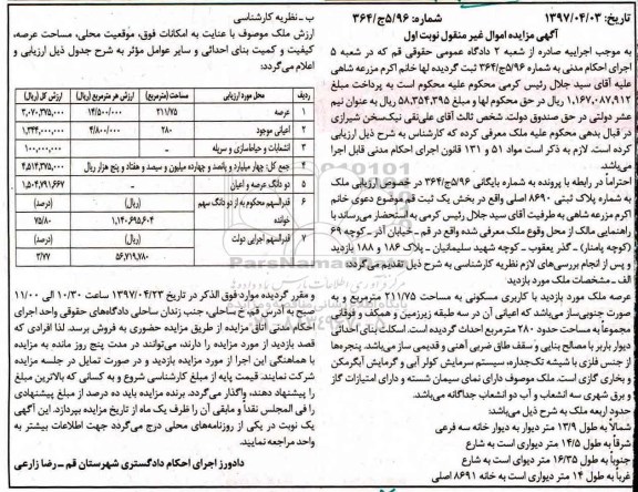 مزایده,مزایده ملک مسکونی مساحت عرصه 211.75متر