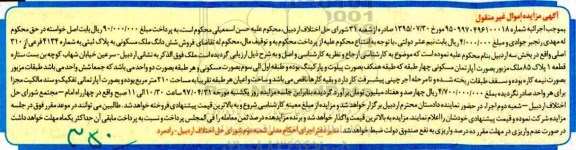 مزایده,مزایده ششدانگ ملک مسکونی 4 طبقه هر کدام 210متر 