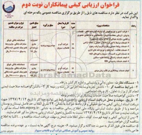 فراخوان ارزیابی کیفی , فراخوان ارزیابی کیفی قرائت کنتور و توزیع قبوض آب و ارائه گزارشات خاص...نوبت دوم 