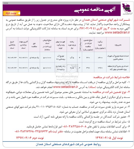 آگهی مناقصه عمومی , مناقصه احداث شبکه توزیع آب، احداث پل بتنی آبراه - نوبت دوم 