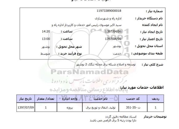 استعلام, استعلام توسعه و اصلاح شبکه برق...